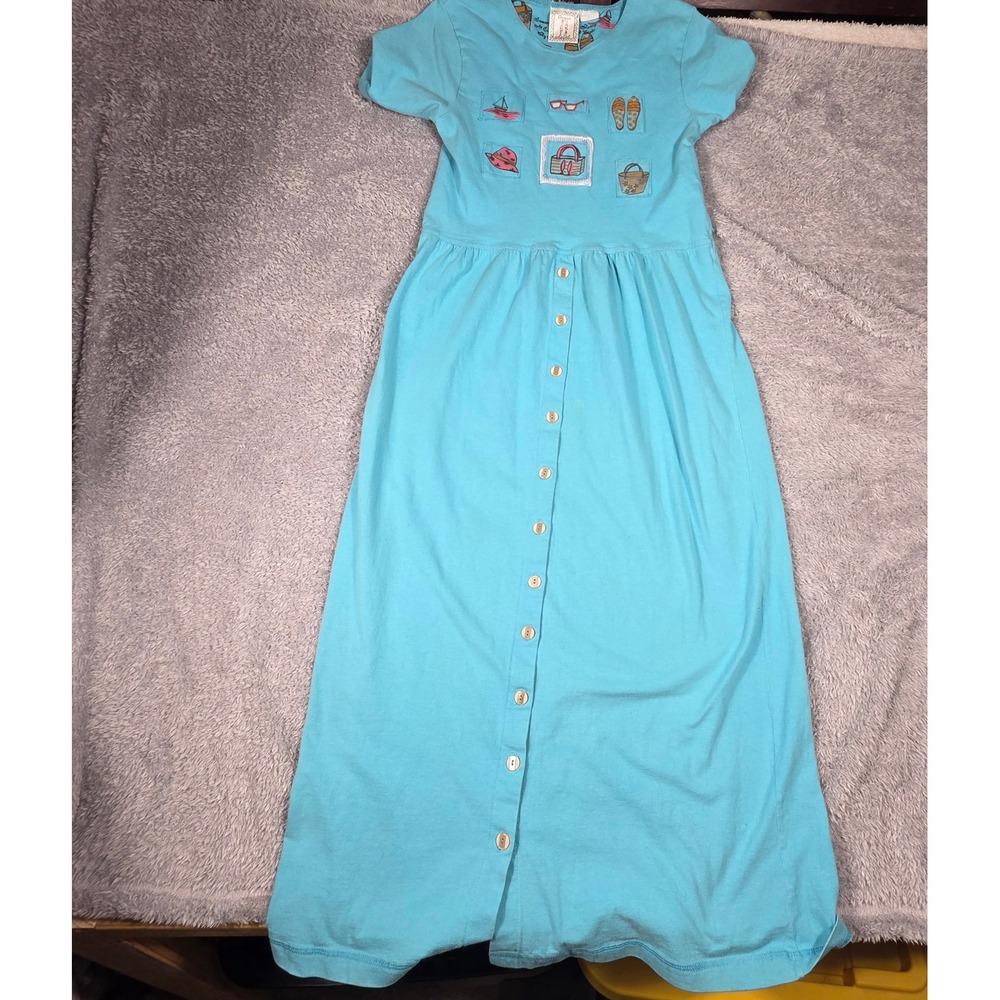 Onque Casual Maxi Dress Women L Turquoise Beach Patch Coastal Summer 100% Cotton